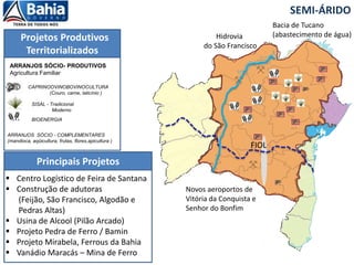 Projetos Produtivos
Territorializados
SEMI-ÁRIDO
Principais Projetos
ARRANJOS SÓCIO- PRODUTIVOS
Agricultura Familiar
BIOENERGIA
SISAL - Tradicional
Moderno
CAPRINOOVINOBOVINOCULTURA
(Couro, carne, laticínio )
ARRANJOS SÓCIO - COMPLEMENTARES
(mandioca, aqüicultura, frutas, flores,apicultura )
Hidrovia
do São Francisco
 Centro Logístico de Feira de Santana
 Construção de adutoras
(Feijão, São Francisco, Algodão e
Pedras Altas)
 Usina de Alcool (Pilão Arcado)
 Projeto Pedra de Ferro / Bamin
 Projeto Mirabela, Ferrous da Bahia
 Vanádio Maracás – Mina de Ferro
Novos aeroportos de
Vitória da Conquista e
Senhor do Bonfim
Bacia de Tucano
(abastecimento de água)
FIOL
 