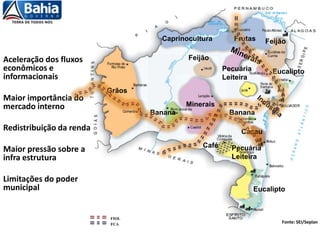Minerais
Grãos
Pecuária
Leiteira
Frutas
Pecuária
Leiteira
Feijão
Feijão
Eucalipto
Eucalipto
Banana Banana
Café
Cacau
Caprinocultura
Fonte: SEI/Seplan
Aceleração dos fluxos
econômicos e
informacionais
Maior importância do
mercado interno
Redistribuição da renda
Maior pressão sobre a
infra estrutura
Limitações do poder
municipal
FIOL
FCA
 