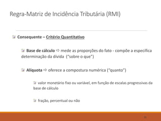 Regra-Matriz de Incidência Tributária (RMI)
Consequente – Critério Quantitativo
Base de cálculo  mede as proporções do fato - compõe a específica
determinação da dívida (“sobre o que”)
Alíquota  oferece a compostura numérica (“quanto”)
valor monetário fixo ou variável, em função de escalas progressivas da
base de cálculo
fração, percentual ou não
35
 