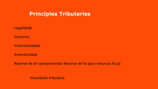 Principles Tributaries
Legalidade
Isonomia
Irretroatividade
Anterioridade
Reserve de lei complementar Reserve de lei para renuncia fiscal
Imunidade tributaria
 