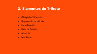3. Elementos do Tributo
• Obrigação Tributaria
• Heptose de Incidência
• Fato Gerador
• Base de Calculo
• Alíquota
• Montante
 