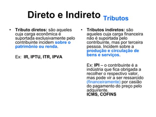 Direto e Indireto Tributos
• Tributo diretos: são aqueles    • Tributos indiretos: são
  cuja carga econômica é            aqueles cuja carga financeira
  suportada exclusivamente pelo     não é suportada pelo
  contribuinte incidem sobre o      contribuinte, mas por terceira
  patrimônio ou renda.              pessoa. Incidem sobre a
                                    produção e circulação de
  Ex: IR, IPTU, ITR, IPVA           bens e serviços.

                                     Ex: IPI – o contribuinte é a
                                     indústria que fica obrigada a
                                     recolher o respectivo valor,
                                     mas pode vir a ser ressarcido
                                     (financeiramente) por casião
                                     do pagamento do preço pelo
                                     adquirente.
                                     ICMS, COFINS
 