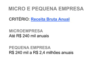 MICRO E PEQUENA EMPRESA
CRITÉRIO: Receita Bruta Anual

MICROEMPRESA
Até R$ 240 mil anuais

PEQUENA EMPRESA
R$ 240 mil a R$ 2,4 milhões anuais
 
