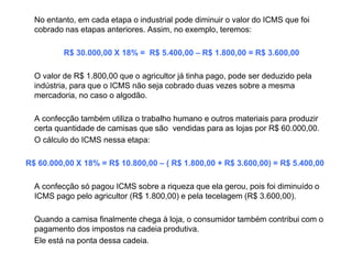 No entanto, em cada etapa o industrial pode diminuir o valor do ICMS que foi
  cobrado nas etapas anteriores. Assim, no exemplo, teremos:

          R$ 30.000,00 X 18% = R$ 5.400,00 – R$ 1.800,00 = R$ 3.600,00

  O valor de R$ 1.800,00 que o agricultor já tinha pago, pode ser deduzido pela
  indústria, para que o ICMS não seja cobrado duas vezes sobre a mesma
  mercadoria, no caso o algodão.

  A confecção também utiliza o trabalho humano e outros materiais para produzir
  certa quantidade de camisas que são vendidas para as lojas por R$ 60.000,00.
  O cálculo do ICMS nessa etapa:

R$ 60.000,00 X 18% = R$ 10.800,00 – ( R$ 1.800,00 + R$ 3.600,00) = R$ 5.400,00

  A confecção só pagou ICMS sobre a riqueza que ela gerou, pois foi diminuído o
  ICMS pago pelo agricultor (R$ 1.800,00) e pela tecelagem (R$ 3.600,00).

  Quando a camisa finalmente chega à loja, o consumidor também contribui com o
  pagamento dos impostos na cadeia produtiva.
  Ele está na ponta dessa cadeia.
 