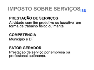 IMPOSTO SOBRE SERVIÇOSISS
PRESTAÇÃO DE SERVIÇOS
Atividade com fim produtivo ou lucrativo em
forma de trabalho físico ou mental

COMPETÊNCIA
Município e DF

FATOR GERADOR
Prestação de serviço por empresa ou
profissional autônomo.
 