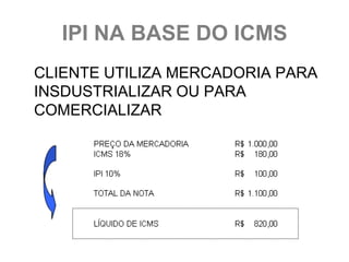 IPI NA BASE DO ICMS
CLIENTE UTILIZA MERCADORIA PARA
INSDUSTRIALIZAR OU PARA
COMERCIALIZAR
 