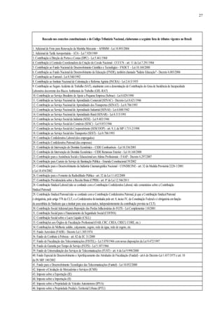 27
1. Adicionalde Frete para Renovação da Marinha Mercante – AFRMM - Lei10.893/2004
2. Adicionalde Tarifa Aeroportuária - ATA - Lei7.920/1989
3. Contribuição á Direção de Portos e Costas (DPC) - Lei5.461/1968
4. Contribuição à Comissão Coordenadora da Criação do Cavalo Nacional- CCCCN - art. 11 da Lei7.291/1984
5. Contribuição ao Fundo Nacionalde Desenvolvimento Científico e Tecnológico - FNDCT - Lei10.168/2000
6. Contribuição ao Fundo Nacionalde Desenvolvimento da Educação (FNDE), tambémchamado "Salário Educação"- Decreto 6.003/2006
7. Contribuição ao Funrural- Lei8.540/1992
8. Contribuição ao Instituto Nacionalde Colonização e Reforma Agrária (INCRA) - Lei2.613/1955
9. Contribuição ao Seguro Acidente de Trabalho (SAT), atualmente coma denominação de Contribuição do Graude Incidência de Incapacidade
Laborativa decorrente dos Riscos Ambientais do Trabalho (GIIL-RAT)
10. Contribuição ao Serviço Brasileiro de Apoio a Pequena Empresa (Sebrae) - Lei8.029/1990
11. Contribuição ao Serviço Nacionalde Aprendizado Comercial(SENAC) - Decreto-Lei8.621/1946
12. Contribuição ao Serviço Nacionalde Aprendizado dos Transportes (SENAT) - Lei8.706/1993
13. Contribuição ao Serviço Nacionalde Aprendizado Industrial(SENAI) - Lei4.048/1942
14. Contribuição ao Serviço Nacionalde Aprendizado Rural(SENAR) - Lei8.315/1991
15. Contribuição ao Serviço Socialda Indústria (SESI) - Lei9.403/1946
16. Contribuição ao Serviço Socialdo Comércio (SESC) - Lei9.853/1946
17. Contribuição ao Serviço Socialdo Cooperativismo (SESCOOP) - art. 9, I, da MP 1.715-2/1998
18. Contribuição ao Serviço Socialdos Transportes (SEST) - Lei8.706/1993
19. Contribuição Confederativa Laboral(dos empregados)
20. Contribuição Confederativa Patronal(das empresas)
21. Contribuição de Intervenção do Domínio Econômico – CIDE Combustíveis - Lei10.336/2001
22. Contribuição de Intervenção do Domínio Econômico – CIDE Remessas Exterior - Lei10.168/2000
23. Contribuição para a Assistência Sociale Educacionalaos Atletas Profissionais - FAAP - Decreto 6.297/2007
24. Contribuição para Custeio do Serviço de Iluminação Pública - Emenda Constitucional39/2002
25. Contribuição para o Desenvolvimento da Indústria Cinematográfica Nacional– CONDECINE - art. 32 da Medida Provisória 2228-1/2001
e Lei10.454/2002
26. Contribuição para o Fomento da Radiodifusão Pública - art. 32 da Lei11.652/2008
27. Contribuição Previdenciária sobre a Receita Bruta (CPRB) - art. 8º da Lei12.546/2011
28. Contribuição SindicalLaboral(não se confunde coma Contribuição Confederativa Laboral, vide comentários sobre a Contribuição
SindicalPatronal)
29. Contribuição SindicalPatronal(não se confunde coma Contribuição Confederativa Patronal, já que a Contribuição SindicalPatronal
é obrigatória, pelo artigo 578 da CLT, e a Confederativa foiinstituída pelo art. 8, inciso IV, da Constituição Federale é obrigatória emfunção
da assembleia do Sindicato que a instituir para seus associados, independentemente da contribuição prevista na CLT).
30. Contribuição SocialAdicionalpara Reposição das Perdas Inflacionárias do FGTS - LeiComplementar 110/2001
31. Contribuição Socialpara o Financiamento da Seguridade Social(COFINS)
32. Contribuição Socialsobre o Lucro Líquido (CSLL)
33. Contribuições aos Órgãos de Fiscalização Profissional(OAB, CRC, CREA, CRECI, CORE, etc.)
34. Contribuições de Melhoria:asfalto, calçamento, esgoto, rede de água, rede de esgoto, etc.
35. Fundo Aeroviário (FAER) - Decreto Lei1.305/1974
36. Fundo de Combate à Pobreza - art. 82 da EC 31/2000
37. Fundo de Fiscalização das Telecomunicações (FISTEL) - Lei5.070/1966 comnovas disposições da Lei9.472/1997
38. Fundo de Garantia por Tempo de Serviço (FGTS) - Lei5.107/1966
39. Fundo de Universalização dos Serviços de Telecomunicações (FUST) - art. 6 da Lei9.998/2000
40. Fundo Especialde Desenvolvimento e Aperfeiçoamento das Atividades de Fiscalização (Fundaf) - art.6 do Decreto-Lei1.437/1975 e art. 10
da IN SRF 180/2002
41. Fundo para o Desenvolvimento Tecnológico das Telecomunicações (Funttel) - Lei10.052/2000
42. Imposto s/Circulação de Mercadorias e Serviços (ICMS)
43. Imposto sobre a Exportação (IE)
44. Imposto sobre a Importação (II)
45. Imposto sobre a Propriedade de Veículos Automotores (IPVA)
46. Imposto sobre a Propriedade Prediale TerritorialUrbana (IPTU)
Baseado nos conceitos constitucionais e do Código Tributário Nacional, elaboramos a seguinte lista de tributos vigentes no Brasil:
 