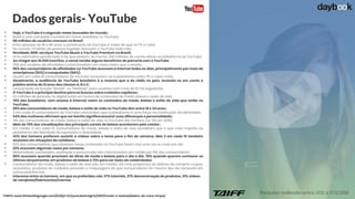 • Hoje, o YouTube é o segundo maior buscador do mundo;
• Brasil é vice-campeão mundial em horas assistidas no YouTube;
• 98 milhões de usuários mensais no Brasil
• Entre pessoas de 18 a 49 anos, a penetração do YouTube é maior do que na TV a cabo;
• No mundo, 1,5 bilhão de pessoas logadas acessam o YouTube todo mês;
• Novidade 2018: serviços YouTube Music e YouTube Premium no Brasil;
• Uma estimativa aproximada é de que existem, ao menos, 200 milhões de canais ativos na plataforma do YouTube;
• Ao chegar aos 10.000 inscritos, o canal recebe alguns benefícios de parceria com o YouTube
• 50% dos usuários de afinidades curtem/avaliam um vídeo assim que o assiste;
• 96% dos consumidores de afinidades no YouTube acessam a internet todos os dias, principalmente por meio do
smartphone (82%) e computador (66%);
• Quatro em cada 10 consumidores de YouTube conectam-se à plataforma entre 17h e meia-noite;
• Atualmente, a audiência do YouTube brasileiro é a mesma que a do rádio no país, levando-se em conta o
público acima de 12 anos das classes A, B e C;
• Lançamento da função "Stories”, ou "Histórias”, para usuários com mais de 10 mil seguidores.
• O YouTube é o principal destino para as buscas sobre cuidados capilares;
• 52 milhões de pessoas no digital estão em busca de conteúdos de moda, beleza e estilo de vida;
• 76% dos brasileiros com acesso à internet veem os conteúdos de moda, beleza e estilo de vida que estão no
YouTube;
• 69% dos consumidores de moda, beleza e estilo de vida no YouTube têm entre 18 e 34 anos;
• 5 em cada 10 consumidores do YouTube concordam que a plataforma é uma força na construção da identidade;
• 54% das mulheres afirmam que ser bonita significa assumir suas diferenças e personalidade;
• 31% dos consumidores de moda, beleza e estilo de vida no YouTube são homens (vs. 21% em 2016);
• Mais de 70% das visualizações dos principais canais de beleza acontecem pelo celular;
• Em média, 5 em cada 10 consumidores de moda, beleza e estilo de vida acreditam que o que mais importa na
plataforma são liberdade de expressão e diversidade;
• 43% dos homens preferem assistir a vídeos sobre o tema para o fim de semana. Mas 3 em cada 10 também
assistem em situações do cotidiano;
• 62% das consumidoras que acessam esses conteúdos no YouTube fazem isso uma vez ou mais por dia
• 22% acessam algumas vezes por semana.
• Maternidade, cacheadas, aceitação e preconceito são mencionados em média por 15% dos consumidores
• 80% acessam quando precisam de dicas de moda e beleza para o dia a dia; 76% quando querem conhecer os
últimos lançamentos em produtos de beleza e 72% para ver looks de celebridades
• Consumidores de moda, beleza e estilo de vida são, em média, 1,2X mais propensos às delícias de comprar roupas,
acessórios, produtos de cuidados pessoais e maquiagens do que consumidores do mesmo tipo de conteúdo em
outras plataformas
• Interesse entre os homens, em que os preferidos são: 37% tutoriais, 27% demonstração de produtos, 21% vídeos
de varejistas/fabricantes/marcas
Dados gerais- YouTube
FONTE: www.thinkwithgoogle.com/intl/pt-br/youtubeinsights/2017/moda-e-beleza/dados-de-cara-limpa/
Pesquisa realizada entre: 01.12 a 07.12.2018
 