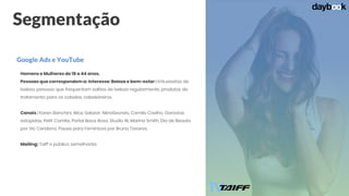 Segmentação
Homens e Mulheres de 18 a 44 anos.
Pessoas que correspondem a: Interesse: Beleza e bem-estar : Entusiastas de
beleza, pessoas que frequentam salões de beleza regularmente, produtos de
tratamento para os cabelos, cabeleireiros.
Canais : Karen Banchini, Alice Salazar, NiinaSecrets, Camila Coelho, Garostas
estúpidas, Petit Comite, Portal Boca Rosa, Studio W, Marina Smith, Dia de Beaute
por Vic Ceridono, Pausa para Feminices por Bruna Tavares.
Mailing: Taiff e público semelhante.
Google Ads e YouTube
 