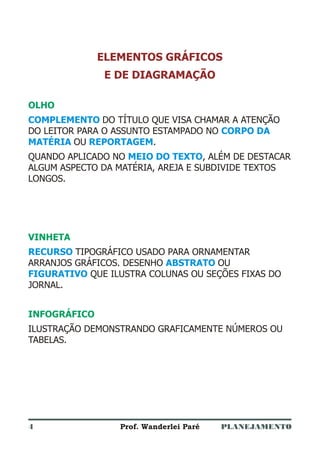 PLANEJAMENTOProf. Wanderlei Paré
ELEMENTOS GRÁFICOS
E DE DIAGRAMAÇÃO
OLHO
VINHETA
INFOGRÁFICO
COMPLEMENTO
CORPO DA
MATÉRIA REPORTAGEM
MEIO DO TEXTO
RECURSO
ABSTRATO
FIGURATIVO
DO TÍTULO QUE VISA CHAMAR A ATENÇÃO
DO LEITOR PARA O ASSUNTO ESTAMPADO NO
OU .
QUANDO APLICADO NO , ALÉM DE DESTACAR
ALGUM ASPECTO DA MATÉRIA, AREJA E SUBDIVIDE TEXTOS
LONGOS.
TIPOGRÁFICO USADO PARA ORNAMENTAR
ARRANJOS GRÁFICOS. DESENHO OU
QUE ILUSTRA COLUNAS OU SEÇÕES FIXAS DO
JORNAL.
ILUSTRAÇÃO DEMONSTRANDO GRAFICAMENTE NÚMEROS OU
TABELAS.
4
 