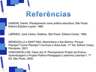 GANDIN, Danilo. Planejamento como prática educativa. São Paulo,
Editora Edições Loyola. 1985.

LIBÂNEO, José Carlos, Didática. São Paulo. Editora Cortez. 1994.

MENEGOLLA e SANT’ANA, Maximiliano e Ilza Martins. Porque
Planejar? Como Planejar? Currículo e Área-Aula. 11º Ed. Editora Vozes.
Petrópolis. 2001.
VASCONCELLOS, Celso dos S: Planejamento Projeto de Ensino-
Aprendizagem e Projeto Político-Pedagógico Ladermos Libertad-1. 7º
Ed. São Paulo, 2000.
 