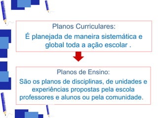Planos Curriculares:
 É planejada de maneira sistemática e
       global toda a ação escolar .


            Planos de Ensino:
São os planos de disciplinas, de unidades e
    experiências propostas pela escola
professores e alunos ou pela comunidade.
 