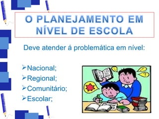 Deve atender á problemática em nível:

Nacional;
Regional;
Comunitário;
Escolar;
 