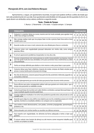 Planejando 2014, com José Roberto Marques
	
Apresentamos, a seguir, um questionário resumido, no qual você poderá verificar a esfera da tríade que
tem sido predominante em sua vida. Esse questionário está dividido em três grupos de três questões (A, B e C), às
quais devem ser atribuídos certos valores conforme a seguinte escala:

Teste - Tríade do Tempo
1. Nunca - 2. Raramente - 3. Às vezes - 4. Quase sempre - 5. Sempre

Pergunta

PONTUaçÃO

1

Costumo ir a eventos, festas ou cursos, mesmo sem ter muita vontade, para agradar meu
chefe meus amigos ou família.

1 2 3 4 5

2

Não consigo realizar tudo que me propus fazer no dia e preciso fazer hora extra e levar
trabalho para casa

1 2 3 4 5

3

Quando recebo um novo e-mail, costumo dar uma olhada para checar o conteúdo.

1 2 3 4 5

4

Costumo visitar com regularidade pessoad relevantes em minha vida, como amigos
parentes, filhos.

1 2 3 4 5

5

É comum aparecerem problemas inesperados no meu dia a dia.

1 2 3 4 5

6

Assumo compromissos com outras pessoas ou aceito novas posições na empresa, mesmo
que não goste muito da nova atividade, se for para aumentar meus rendimentos ou obter
uma promoção.

1 2 3 4 5
1 2 3 4 5

7

Tenho um tempo definido para dedicar a mim mesmo e nele, posso fazer o que quiser.

8

Costumo deixar para fazer relatórios, imposto de renda, compras de Natal, estudar para
provas e outras tarefas perto do prazo de entrega.

1 2 3 4 5

9

Nos dias de descanso, costumo passar boa parte do dia assistindo à televisão, jogando ou
acessando a internet.

1 2 3 4 5

10

Faço um planejamento por escrito de tudo que preciso fazer durante minha semana.

1 2 3 4 5

11

Posso afirmar que estou conseguindo realizar tudo que gostaria em minha vida e que o
tempo esta passando na realidade correta.

1 2 3 4 5

12

Costumo participar de reuniões sem saber direito o conteúdo, o porquê devo participar ou
a que resultado aquele encontro pode levar.

1 2 3 4 5

13

Consigo melhores resultados e me sinto mais produtivo quando estou sob pressão ou com
o prazo curto.

1 2 3 4 5

14

Quando quero alguma coisa, defino esse objetivo por escrito, estabeleço prazos em minha
agenda, monitoro os resultados obtidos e os comparo com os esperados.

1 2 3 4 5

15

Leio muitos e-mails desnecessários, com piadas, correntes propagandas, apresentações,
produtos e etc.

1 2 3 4 5

16

Estive atrasado com minhas tarefas ou reuniões nas últimas semanas.

1 2 3 4 5

17

Faço esporte com regularidade, me alimento da forma adequada e tenho o lazer que
gostaria.

1 2 3 4 5

18

É comum reduzir meu horário de almoço ou até mesmo comer enquanto trabalho para
concluir um projeto ou tarefa.

Copyright © IBC - Todos os direitos reservados - www.ibccoaching.com.br

1 2 3 4 5

 