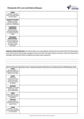 Planejando 2014, com José Roberto Marques
COMO
Detalhe a maneira
como cada ação deve
ser executada
QUANTO CUSTARÁ
Defina os custos
de cada ação para
verificar a viabilidade
ELEMENTOS
LIMITANTES
Descreva tudo o
que pode dificultar
o cumprimento da
tarefa
RECURSOS
NECESSÁRIOS
Descreva quais os
recursos (materiais
ou emocionais)
necessários para
cada ação

Aspecto e Visão Intelectual: está relacionado ao seu aprendizado. Quantos livros você tem lido? Tem feito algum
curso ultimamente relacionado a qualquer área de sua vida? Tem ido ao teatro, concertos, cinema? O quanto tem
estudado ultimamente? Qual seu objetivo principal neste quadrante?

Vamos então nos concentrar em até 7 passos principais nesta área ou o número que for suficiente para você...
O QUE
Descreva todas as
ações para alcançar o
objetivo principal
QUEM
Defina um
responsável (você
mesmo ou outra
pessoa que possa
te ajudar)
QUANDO
Estabeleça uma data
limite para cada
ação estabelecida
ONDE
Defina onde as ações
serão/deverão ser
realizadas
POR QUE
Descreva quais os
benefícios que cada
ação te trará
COMO
Detalhe a maneira
como cada ação deve
ser executada
Copyright © IBC - Todos os direitos reservados - www.ibccoaching.com.br

 