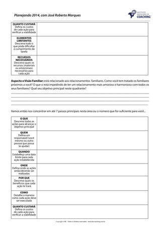 Planejando 2014, com José Roberto Marques
QUANTO CUSTARÁ
Defina os custos
de cada ação para
verificar a viabilidade
ELEMENTOS
LIMITANTES
Descreva tudo o
que pode dificultar
o cumprimento da
tarefa
RECURSOS
NECESSÁRIOS
Descreva quais os
recursos (materiais
ou emocionais)
necessários para
cada ação

Aspecto e Visão Familiar: está relacionado aos relacionamentos familiares. Como você tem tratado os familiares
próximos a você? O que o está impedindo de ter um relacionamento mais amoroso e harmonioso com todos os
seus familiares? Qual seu objetivo principal neste quadrante?
____________________________________________________________________________________________
____________________________________________________________________________________________
____________________________________________________________________________________________
____________________________________________________________________________________________
Vamos então nos concentrar em até 7 passos principais nesta área ou o número que for suficiente para você...
O QUE
Descreva todas as
ações para alcançar o
objetivo principal
QUEM
Defina um
responsável (você
mesmo ou outra
pessoa que possa
te ajudar)
QUANDO
Estabeleça uma data
limite para cada
ação estabelecida
ONDE
Defina onde as ações
serão/deverão ser
realizadas
POR QUE
Descreva quais os
benefícios que cada
ação te trará
COMO
Detalhe a maneira
como cada ação deve
ser executada
QUANTO CUSTARÁ
Defina os custos
de cada ação para
verificar a viabilidade
Copyright © IBC - Todos os direitos reservados - www.ibccoaching.com.br

 
