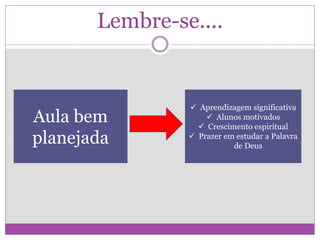 Lembre-se....
Aula bem
planejada
 Aprendizagem significativa
 Alunos motivados
 Crescimento espiritual
 Prazer em estudar a Palavra
de Deus
 