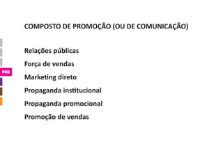 COMPOSTO DE PROMOÇÃO (OU DE COMUNICAÇÃO)


      Relações públicas
      Força de vendas
PRO
      Marketing direto
      ...