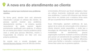 Ajude-os a pensar que resolveram seus problemas
sozinhos
De forma geral, atender bem está altamente
relacionado a poupar os esforços dos clientes. As
pessoas querem resolver seus problemas
absolutamente sozinhas – no entanto, quando
necessitarem de ajuda, querem alguém
prontamente qualificado para ajudá-las. O esforço
de um cliente para relatar o mesmo problema várias
vezes e ainda para pessoas diferentes, mostra a
incapacidade da empresa em lidar com seus
próprios problemas.
De acordo com o estudo divulgado pela
Harvard Business Review, cerca de 59% dos clientes
A nova era do atendimento ao cliente
O guia definitivo para planejar e reduzir custos de atendimento 11
entrevistados afirmaram que foram obrigados a fazer
um esforço levemente moderado para solucionar
seus problemas. E outros 62% disseram que tiveram
que entrar em contato com a empresa várias vezes
até que a questão fosse finalmente solucionada.
Essas informações apontam evidências de que,
apesar de os canais de comunicação entre empresa e
cliente estarem sendo expandidos, e ainda que a
tecnologia da informação abra espaço para diversas
modalidade de atendimento, poucas
organizações realmente investem o mínimo suficiente
para prover um atendimento de qualidade. Portanto,
é essencial que as organizações utilizem diferentes
canais para facilitar a consulta e esclarecer dúvidas.
Vamos falar sobre isso no próximo capítulo.
 