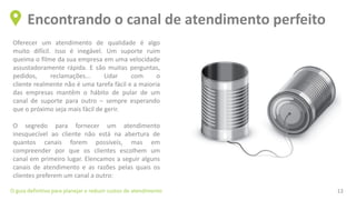 Oferecer um atendimento de qualidade é algo
muito difícil. Isso é inegável. Um suporte ruim
queima o filme da sua empresa em uma velocidade
assustadoramente rápida. E são muitas perguntas,
pedidos, reclamações... Lidar com o
cliente realmente não é uma tarefa fácil e a maioria
das empresas mantêm o hábito de pular de um
canal de suporte para outro – sempre esperando
que o próximo seja mais fácil de gerir.
O segredo para fornecer um atendimento
inesquecível ao cliente não está na abertura de
quantos canais forem possíveis, mas em
compreender por que os clientes escolhem um
canal em primeiro lugar. Elencamos a seguir alguns
canais de atendimento e as razões pelas quais os
clientes preferem um canal a outro:
Encontrando o canal de atendimento perfeito
O guia definitivo para planejar e reduzir custos de atendimento 13
 