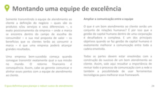 Somente transmitindo à equipe de atendimento ao
cliente a definição do negócio – quais são os
produtos e/ou serviços e seus diferenciais –, o
exato posicionamento da empresa – onde a marca
se encontra dentro do campo de escolha do
consumidor – e sua real proposta de valor – os
benefícios que os clientes terão ao consumir a
marca – é que uma empresa poderá alcançar
grandes resultados.
Uma empresa bem-sucedida começa quando
consegue transmitir exatamente qual a sua missão
no mundo. O retorno financeiro é
consequência. Assim, cabe ao gerente comunicar e
alinhar esses pontos com a equipe de atendimento
ao cliente.
Montando uma equipe de excelência
O guia definitivo para planejar e reduzir custos de atendimento 24
Ampliar a comunicação entre a equipe
O que é um bom atendimento ao cliente senão um
conjunto de relações humanas? É por isso que a
gestão do capital humano dentro de uma corporação
é desafiadora e complexa. E um dos principais
objetivos quando se faz gestão de capital humano é
exatamente melhorar a comunicação entre toda a
cadeia envolvida.
Todas as partes devem estar envolvidas com a
construção do sucesso de um bom atendimento ao
cliente. Assim, vale aqui ressaltar a importância de
revisar todo o processo de comunicação com a rede e
também a possibilidade de usar ferramentas
tecnológicas para melhorar esse framework.
 