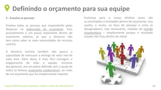 2 - Envolva as pessoas
Envolva todas as pessoas que responderão pelas
despesas na elaboração do orçamento. Esse
procedimento é um passo importante dentro do
orçamento coletivo, já que a diretoria não
tem como saber as reais necessidades de recursos
sozinha.
A diretoria sozinha também não possui a
capacidade de mensurar a entrega de valor real de
cada área. Além disso, é mais fácil conseguir o
engajamento de toda a equipe, inclusive
dos gestores, em um plano definido com a ajuda de
todos (o famoso orçamento colaborativo), ao invés
de um orçamento que foi simplesmente imposto.
Definindo o orçamento para sua equipe
O guia definitivo para planejar e reduzir custos de atendimento 33
Esclareça para o corpo diretivo quais são
as orientações e limitações dentro do orçamento. Isso
auxilia, e muito, na hora de planejar e evita as
desagradáveis, mas necessárias, rodadas de revisão
orçamentária – simplesmente porque o resultado
orçado não ficou dentro do viável.
 