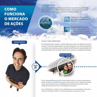 O que são ações?

 Como
                 Ações são pequenas partes de uma empresa que abre seu patrimônio
                 para investidores. Ao adquirir determinado número de ações, você se
                 torna sócio da empresa, um acionista. Os tipos de ações são:
 funciona
                                                                 Preferenciais (PN): conferem
 o mercado                                             PN        prioridade na distribuição de
                                                                 dividendos.

de ações        EMPRESA
                                                                 Ordinárias (ON): dão poder
                                                       ON        de voto nas assembleias ou
                                                                 conselhos de administração, ou
                                                                 seja, nas decisões da empresa.




                 O que É UMA CORRETORA?
    INVESTIDOR
                 É a instituição que compra e vende ações para você, sua aliada na hora de
                 investir. A corretora pode ajudar na estruturação de sua carteira de ações e
                 na análise das empresas, porque dispõe de profissionais especializados em
                 comportamento de mercado, setores da economia e companhias listadas.


                                               INVESTIDOR




                 No site www.bmfbovespa.com.br, estão listadas todas as corretoras autorizadas a
                 operar na Bolsa. É possível fazer uma busca de acordo com seu perfil de investidor,
                 o valor que deseja investir, a modalidade de investimento que prefere (ações,
                 Clubes de Investimento, ETFs) e a localização da corretora.

                 Uma vez filtradas as corretoras mais adequadas às suas necessidades, vale a pena
                 visitar os sites delas, verificar os serviços oferecidos e respectivos custos.
 