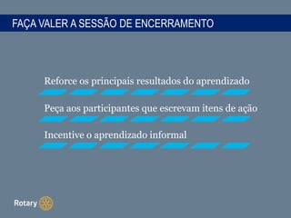 FAÇA VALER A SESSÃO DE ENCERRAMENTO
Reforce os principais resultados do aprendizado
Peça aos participantes que escrevam itens de ação
Incentive o aprendizado informal
 