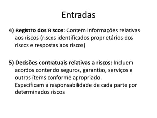 Entradas4) Registro dos Riscos: Contem informações relativas aos riscos (riscos identificados proprietários dos riscos e respostas aos riscos)5) Decisões contratuais relativas a riscos: Incluem acordos contendo seguros, garantias, serviços e outros ítems conforme apropriado.Especificam a responsabilidade de cada parte por determinados riscos