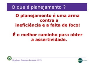 O que é planejamento ?
  O planejamento é uma arma
              contra a
  ineficiência e a falta de foco!

É o melhor caminho para obter
        a assertividade.



Ketchum Planning Process (KPP)
 