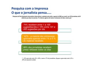 Pesquisa com a Imprensa
O que o jornalista pensa.....
Pesquisa de Pós-Graduação da jornalista Juliana Wruck, realizada entre julho e agosto de 2008, por email, com 222 jornalistas de 68
                editorias que atuam em jornais, TV, internet, agência de notícia e emissoras de rádio, mostra que:




                    74% recebem entre 1 a 100
                    sugestões/dia e 19% entre 101 e
                    200 sugestões por dia


                    *42% - a maioria dos entrevistas -
                    aproveita apenas entre 1% a 5 %
                    do material recebido.

                    99% dos jornalistas recebem
                    press releases todos os dias


                  * - 23% aproveita entre 6% e 10% e outros 17% de jornalistas chegam a aproveitar entre 11% e
                  20% do material recebido
 
