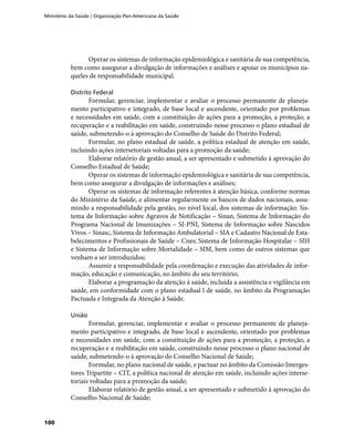Ministério da Saúde / Organização Pan-Americana da Saúde
100
Operar os sistemas de informação epidemiológica e sanitária de sua competência,
bem como assegurar a divulgação de informações e análises e apoiar os municípios na-
queles de responsabilidade municipal.
Distrito Federal
Formular, gerenciar, implementar e avaliar o processo permanente de planeja-
mento participativo e integrado, de base local e ascendente, orientado por problemas
e necessidades em saúde, com a constituição de ações para a promoção, a proteção, a
recuperação e a reabilitação em saúde, construindo nesse processo o plano estadual de
saúde, submetendo-o à aprovação do Conselho de Saúde do Distrito Federal;
Formular, no plano estadual de saúde, a política estadual de atenção em saúde,
incluindo ações intersetoriais voltadas para a promoção da saúde;
Elaborar relatório de gestão anual, a ser apresentado e submetido à aprovação do
Conselho Estadual de Saúde;
Operar os sistemas de informação epidemiológica e sanitária de sua competência,
bem como assegurar a divulgação de informações e análises;
Operar os sistemas de informação referentes à atenção básica, conforme normas
do Ministério da Saúde, e alimentar regularmente os bancos de dados nacionais, assu-
mindo a responsabilidade pela gestão, no nível local, dos sistemas de informação: Sis-
tema de Informação sobre Agravos de Notificação – Sinan, Sistema de Informação do
Programa Nacional de Imunizações – SI-PNI, Sistema de Informação sobre Nascidos
Vivos – Sinasc, Sistema de Informação Ambulatorial – SIA e Cadastro Nacional de Esta-
belecimentos e Profissionais de Saúde – Cnes; Sistema de Informação Hospitalar – SIH
e Sistema de Informação sobre Mortalidade – SIM, bem como de outros sistemas que
venham a ser introduzidos;
Assumir a responsabilidade pela coordenação e execução das atividades de infor-
mação, educação e comunicação, no âmbito do seu território;
Elaborar a programação da atenção à saúde, incluída a assistência e vigilância em
saúde, em conformidade com o plano estadual l de saúde, no âmbito da Programação
Pactuada e Integrada da Atenção à Saúde.
União
Formular, gerenciar, implementar e avaliar o processo permanente de planeja-
mento participativo e integrado, de base local e ascendente, orientado por problemas
e necessidades em saúde, com a constituição de ações para a promoção, a proteção, a
recuperação e a reabilitação em saúde, construindo nesse processo o plano nacional de
saúde, submetendo-o à aprovação do Conselho Nacional de Saúde;
Formular, no plano nacional de saúde, e pactuar no âmbito da Comissão Interges-
tores Tripartite – CIT, a política nacional de atenção em saúde, incluindo ações interse-
toriais voltadas para a promoção da saúde;
Elaborar relatório de gestão anual, a ser apresentado e submetido à aprovação do
Conselho Nacional de Saúde;
 