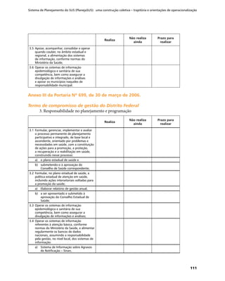 Sistema de Planejamento do SUS (PlanejaSUS): uma construção coletiva – trajetória e orientações de operacionalização
111
Realiza
Não realiza
ainda
Prazo para
realizar
3.5	Apoiar, acompanhar, consolidar e operar
quando couber, no âmbito estadual e
regional, a alimentação dos sistemas
de informação, conforme normas do
Ministério da Saúde;
3.6	Operar os sistemas de informação
epidemiológica e sanitária de sua
competência, bem como assegurar a
divulgação de informações e análises
e apoiar os municípios naqueles de
responsabilidade municipal.
Anexo III da Portaria Nº 699, de 30 de março de 2006.Anexo III da Portaria Nº 699, de 30 de março de 2006.
Termo de compromisso de gestão do Distrito FederalTermo de compromisso de gestão do Distrito Federal
3. Responsabilidade no planejamento e programação
  Realiza
Não realiza
ainda
Prazo para
realizar
3.1	Formular, gerenciar, implementar e avaliar
o processo permanente de planejamento
participativo e integrado, de base local e
ascendente, orientado por problemas e
necessidades em saúde, com a constituição
de ações para a promoção, a proteção,
a recuperação e a reabilitação em saúde,
construindo nesse processo:
a)	 o plano estadual de saúde e
b)	 submetendo-o à aprovação do
Conselho de Saúde correspondente;
3.2	Formular, no plano estadual de saúde, a
política estadual de atenção em saúde,
incluindo ações intersetoriais voltadas para
a promoção da saúde;
a)	 Elaborar relatório de gestão anual,
b)	 a ser apresentado e submetido à
aprovação do Conselho Estadual de
Saúde;
3.3	Operar os sistemas de informação
epidemiológica e sanitária de sua
competência, bem como assegurar a
divulgação de informações e análises;
3.4	Operar os sistemas de informação
referentes à atenção básica, conforme
normas do Ministério da Saúde, e alimentar
regularmente os bancos de dados
nacionais, assumindo a responsabilidade
pela gestão, no nível local, dos sistemas de
informação:
a)	 Sistema de Informação sobre Agravos
de Notificação – Sinan,
 