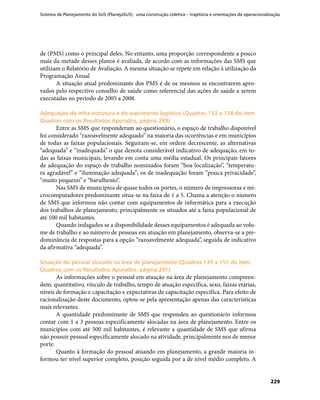 Sistema de Planejamento do SUS (PlanejaSUS): uma construção coletiva – trajetória e orientações de operacionalização
229
de (PMS) como o principal deles. No entanto, uma proporção correspondente a pouco
mais da metade desses planos é avaliada, de acordo com as informações das SMS que
utilizam o Relatório de Avaliação. A mesma situação se repete em relação à utilização da
Programação Anual
A situação atual predominante dos PMS é de os mesmos se encontrarem apro-
vados pelo respectivo conselho de saúde como referencial das ações de saúde a serem
executadas no período de 2005 a 2008.
Adequação da infra-estrutura e do suprimento logístico (Quadros 133 a 138 do itemAdequação da infra-estrutura e do suprimento logístico (Quadros 133 a 138 do item
Quadros com os Resultados Apurados, página 289)Quadros com os Resultados Apurados, página 289)
Entre as SMS que responderam ao questionário, o espaço de trabalho disponível
foi considerado “razoavelmente adequado” na maioria das ocorrências e em municípios
de todas as faixas populacionais. Seguiram-se, em ordem decrescente, as alternativas
“adequada” e “inadequada” o que denota considerável indicativo de adequação, em to-
das as faixas municipais, levando em conta uma média estadual. Os principais fatores
de adequação do espaço de trabalho nominados foram “boa localização”, “temperatu-
ra agradável” e “iluminação adequada”; os de inadequação foram “pouca privacidade”,
“muito pequeno” e “barulhento”.
Nas SMS de municípios de quase todos os portes, o número de impressoras e mi-
crocomputadores predominante situa-se na faixa de 1 a 5. Chama a atenção o número
de SMS que informou não contar com equipamentos de informática para a execução
dos trabalhos de planejamento, principalmente os situados até a faixa populacional de
até 100 mil habitantes.
Quando indagados se a disponibilidade desses equipamentos é adequada ao volu-
me de trabalho e ao número de pessoas em atuação em planejamento, observa-se a pre-
dominância de respostas para a opção “razoavelmente adequada”, seguida de indicativo
da afirmativa “adequada”.
Situação do pessoal alocado na área de planejamento (Quadros 139 a 151 do itemSituação do pessoal alocado na área de planejamento (Quadros 139 a 151 do item
Quadros com os Resultados Apurados, página 291)Quadros com os Resultados Apurados, página 291)
As informações sobre o pessoal em atuação na área de planejamento compreen-
dem: quantitativo, vínculo de trabalho, tempo de atuação específica, sexo, faixas etárias,
níveis de formação e capacitação e expectativas de capacitação específica. Para efeito de
racionalização deste documento, optou-se pela apresentação apenas das características
mais relevantes.
A quantidade predominante de SMS que respondeu ao questionário informou
contar com 1 a 3 pessoas especificamente alocadas na área de planejamento. Entre os
municípios com até 500 mil habitantes, é relevante a quantidade de SMS que afirma
não possuir pessoal especificamente alocado na atividade, principalmente nos de menor
porte.
Quanto à formação do pessoal atuando em planejamento, a grande maioria in-
formou ter nível superior completo, posição seguida por a de nível médio completo. A
 