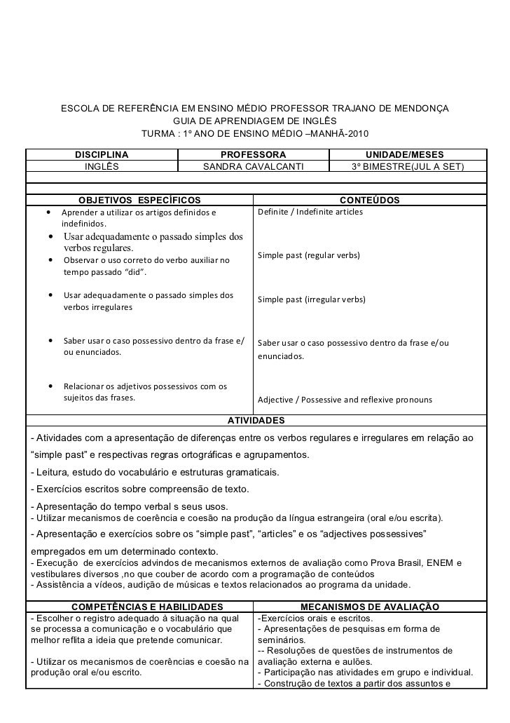 Planejamento Anual De Ingles 1 Ao 5 Ano Planejemanto de inglês 1º ano do ensino médio