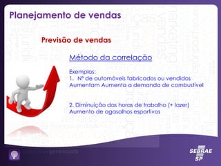 Previsão de vendas
Planejamento de vendas
Método da correlação
Exemplos:
1. Nº de automóveis fabricados ou vendidos
Aumentam Aumenta a demanda de combustível
2. Diminuição das horas de trabalho (+ lazer)
Aumento de agasalhos esportivos
 