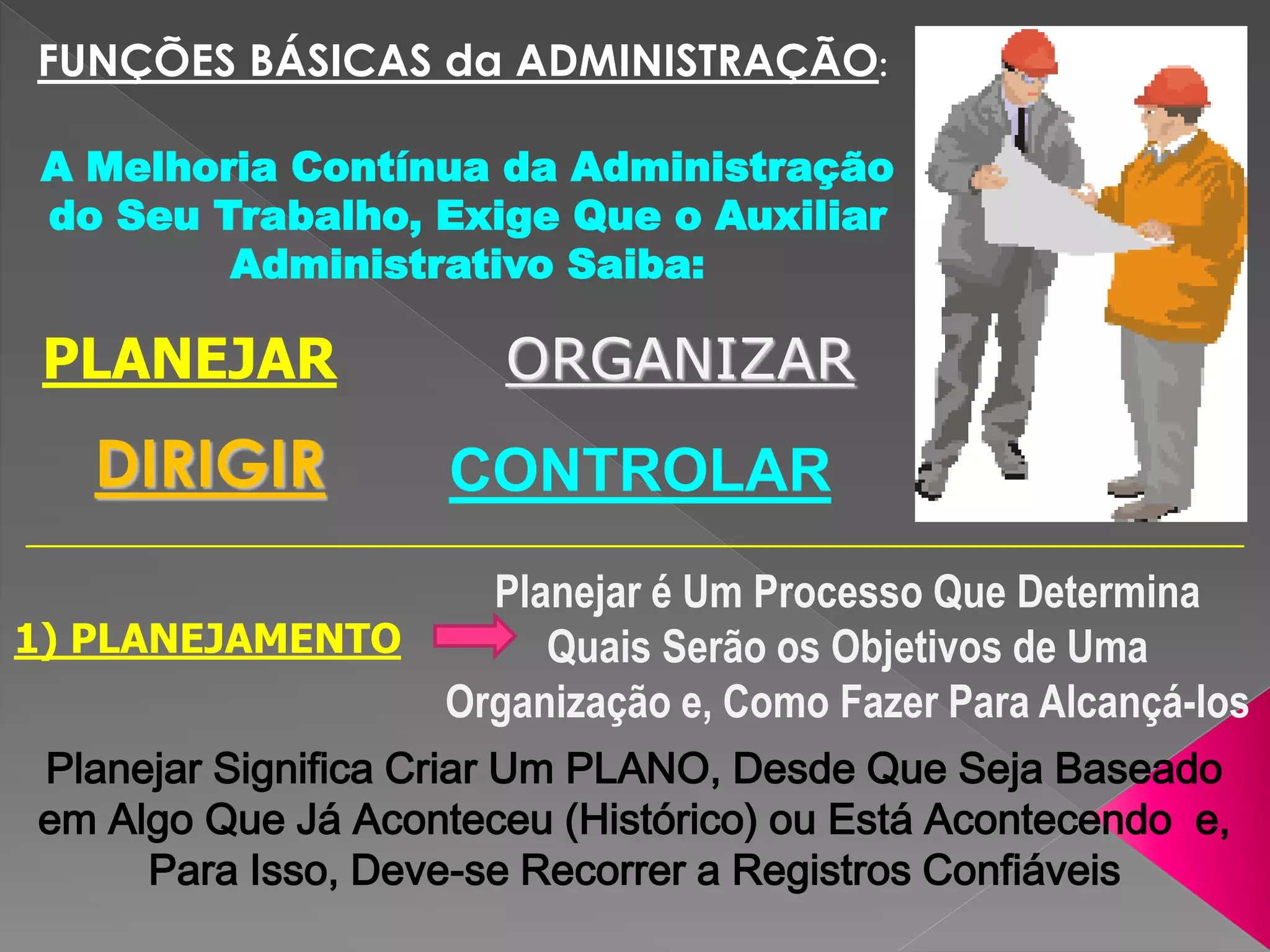 FUNÇÕES BÁSICAS da ADMINISTRAÇÃO:
A Melhoria Contínua da Administração
do Seu Trabalho, Exige Que o Auxiliar
Administrativo Saiba:
PLANEJAR ORGANIZAR
DIRIGIR CONTROLAR
____________________________________________________________
1) PLANEJAMENTO
Planejar é Um Processo Que Determina
Quais Serão os Objetivos de Uma
Organização e, Como Fazer Para Alcançá-los
Planejar Significa Criar Um PLANO, Desde Que Seja Baseado
em Algo Que Já Aconteceu (Histórico) ou Está Acontecendo e,
Para Isso, Deve-se Recorrer a Registros Confiáveis