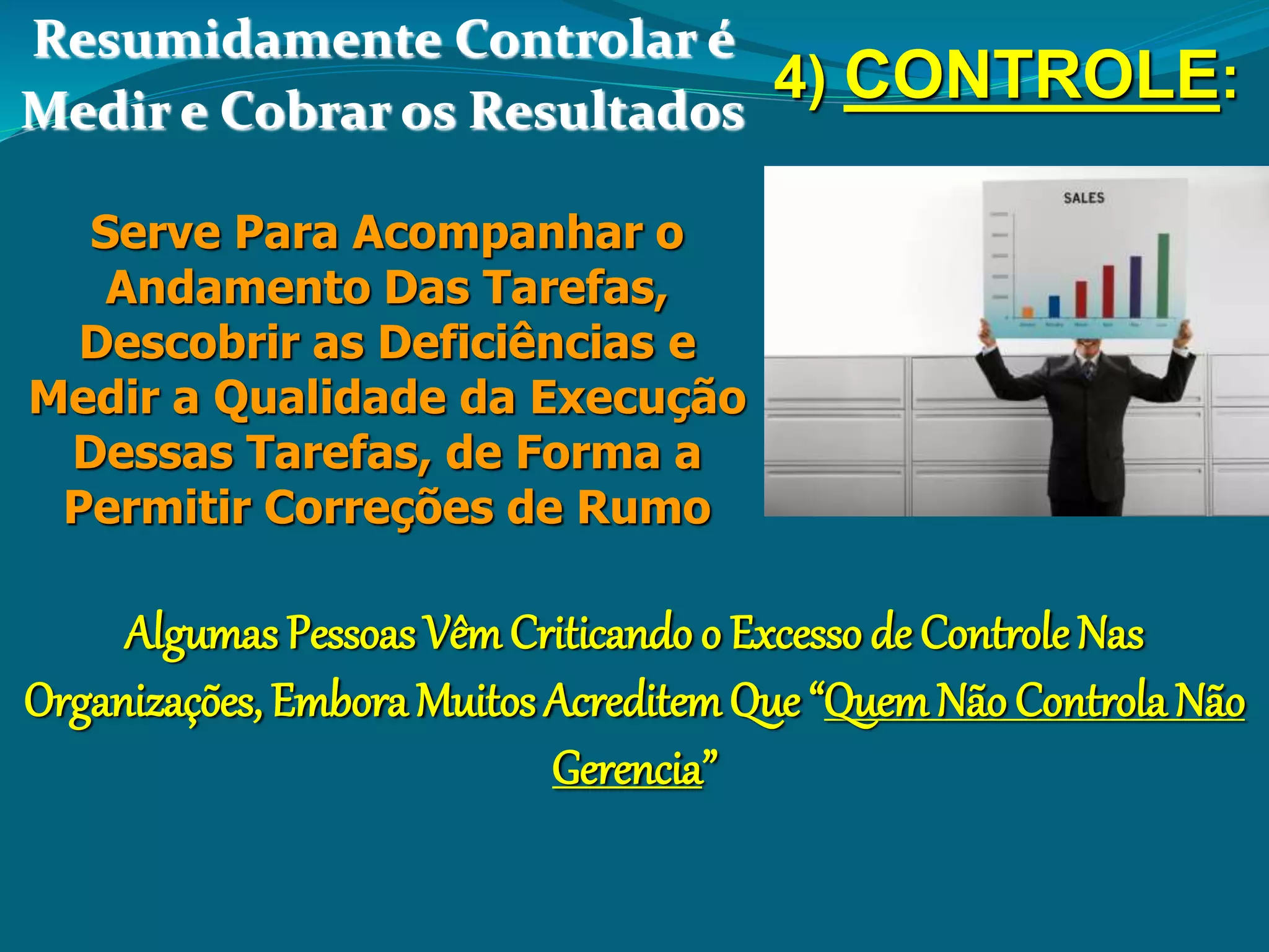 4) CONTROLE:
Resumidamente Controlar é
Medir e Cobrar os Resultados
Serve Para Acompanhar o
Andamento Das Tarefas,
Descobrir as Deficiências e
Medir a Qualidade da Execução
Dessas Tarefas, de Forma a
Permitir Correções de Rumo
Algumas Pessoas VêmCriticando o Excesso de ControleNas
Organizações, Embora Muitos AcreditemQue “QuemNão Controla Não
Gerencia”