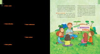 amenaza
vulnerabilidad
riesgo
Quienes hacemos las comunidades educati-
vas debemos ser concientes de que hay que
cuidar los ecosistemas, comenzando por los
que rodean nuestro centro. Si no lo hace-
mos, estos se vuelven más vulnerables por-
que pierden su capacidad para compensar
los efectos negativos que causamos de ma-
nera indirecta los seres humanos o la misma
naturaleza.
como la acción de fuerzas dañinas inevitables,
pero también hay otras personas que usan la
información científica, y la experiencia para
protegerse de los peligros y para decidir que
riesgos quieren correr y que riesgos no
Factor ambiental: Hay un aumento de la
vulnerabilidad cuando los seres humanos
se centran en la explotación inadecuada
y la destrucción de los recursos naturales.
Factor social: La vulnerabilidad también
depende de la organización de la sociedad.
Cuando más integrada está una comunidad
educativa, todos sus miembros hacen es-
fuerzos por superar los inconvenientes que
pueden presentarse. Si se llevan bien, se or-
ganizan y dan prioridad a los intereses de la
comunidad por sobre los de unos pocos indi-
viduos; están en mejor capacidad de enfren-
tar las consecuencias de un desastre y pueden
reaccionar con mayor rapidez .Por lo tanto, no
solo el centro, sino la comunidad educativa,
debe estar unida y organizada.
Factor educativo: Se refiere a la educación
deficiente o a la pobre cobertura educativa
en una comunidad. Un centro educativo, por
ejemplo, se vuelve más vulnerable si los do-
centes, alumnos y administrativos no tienen
conocimientos sobre las causas, los efectos y
las razones por las cuales se presenta un de-
sastre. Tampoco ayuda el desconocimiento
de la historia del lugar, así como la falta de
preparación y de experiencia en estos casos.
Igualmente, cuando la información no llega
para toda la comunidad, se incrementa la vul-
nerabilidad. Por eso es importante que todos
en el centro sepan qué puede pasar y qué ha-
cer en caso de emergencia y desastres.
Factor político: Tiene que ver con la poca
importancia que las autoridades le den a la
gestión de riesgos y con el nivel de autono-
mía que tiene una comunidad para manejar
sus recursos y para tomar decisiones sobre
las cosas que la afectan. Por ejemplo, si las
autoridades educativas toman decisiones de
manera centralizada, sin considerar el criterio
de los beneficiarios, la comunidad se hace
más vulnerable.
En el caso de los centros educativos, son sus
mismos directivos, acompañados por los do-
centes y estudiantes, los que saben qué accio-
nes son las más urgentes y se pueden llevar a
cabo pronto en su centro para que sea menos
vulnerable.
Factor institucional: Está relacionado con
las debilidades o dificultades que tienen las
instituciones para hacer gestión de riesgos.
Se puede ver, por ejemplo, en la falta de pre-
paración que tiene un centro educativo para
responder ante un suceso; o cuando aun sa-
biendo que existe el riesgo, los directores,
profesores o estudiantes no llevan a cabo ac-
ciones eficientes para reducirlo o mitigarlo.
Factor cultural: Tiene que ver con los pa-
trones de pensamiento y acción con que los
diferentes grupos humanos entienden la na-
turaleza y los fenómenos sociales. Estos pa-
trones generalmente afectan el entendimien-
to de los riesgos y la manera de enfrentarlos.
Por ejemplo, hay personas que aceptan co-
rrer cualquier riesgo confiando en la buena
suerte, hay otros que explican las desgracias
16 17
 