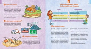  2.1 Análisis de riesgos
Componentes y áreas
de la gestión de riesgos
Hoy en día, el análisis de riesgo se ha converti-
do en una herramienta muy importante, ya que,
usando de manera sistemática la información-
que se dispone, se puede establecer la probabi-
lidad de que ocurran eventos adversos, incluso
se puede determinar el alcance de sus posibles
consecuencias.
Partimos del conocimiento técnico-científico
(monitoreo) de los eventos adversos que se pre-
sentan para así poder tomar acciones que nos
permitan evitar que se produzca un desastre en
un lugar específico y en un tiempo determinado,
o al menos reducir su impacto.
Entre las actividades más importantes del análisis
de riesgo se encuentran:
•	 Identificar el origen, naturaleza, extensión, inten-
sidad, magnitud y recurrencia de la amenaza.
•	 Determinar el grado de vulnerabilidad, capaci-
dad de respuesta y grado de resiliencia de las
personas o comunidades.
•	 Construir escenarios de riesgos probables.
•	 Identificar las medidas y recursos disponibles.
•	 Fijar prioridades en cuanto a tiempos y activa-
ción de recursos.
•	 Determinar niveles aceptables de riesgo.
Componentes
Análisis de riesgos:
Reducción de riesgos:
Manejo de emergencias y desastres:
Recuperación:
Áreas
2
Estudio de amenazas,
vulnerabilidad y riesgo
Prevención, mitigación
Preparación, alerta y respuesta
Rehabilitación y reconstrucción
1.3 ¿Qué es el riesgo?
1.4 ¿Qué es una emergencia?
1.5 ¿Qué es un desastre?
Probabilidad de exceder un valor específico de
daños sociales ambientales y económicos en un
lugar y durante un tiempo determinado. El va-
lor específico de daños, se refiere a las pérdidas
que la comunidad está dispuesta a soportar, y
que se conoce como riesgo “aceptable”
El riesgo es directamente proporcional a la ca-
pacidad de reacción y a la susceptibilidad de un
sistema expuesto a una amenaza.
Alteraciones intensas en las personas, la econo-
mía, los sistemas sociales y el medio ambiente,
causados por sucesos naturales, generados por
la actividad humana o por la combinación de
ambos, que superan la capacidad de respuesta
de la comunidad afectada.
Declaración hecha por la autoridad competente
de una comunidad, cuando la alteración produci-
da por un evento adverso o su inminencia, va a ser
manejada por la comunidad, sin apoyo externo
18 19
 