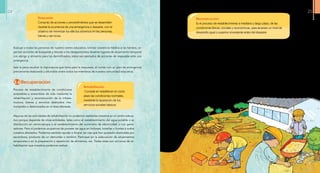 Reconstrucción
Es el proceso de restablecimiento a mediano y largo plazo, de las
condiciones físicas, sociales y económicas, para alcanzar un nivel de
desarrollo igual o superior al existente antes del desastre.
La mayor parte de las actividades de recupe-
ración las realizan entidades y personas profe-
sionales específicamente encargadas de ellas;
por ejemplo, la reconstrucción de edificaciones
afectadas o la construcción de nuevas viviendas
y edificios, la reconstrucción de carreteras y ae-
ropuertos aplicando normas de desarrollo vial,
la reactivación productiva de nuestros campos
así como la promoción de la agroindustria. Pero
debemos tener claro que incluso para que estas
actividades se lleven a cabo, nosotros debemos
estar prestos para colaborar y brindar nuestro
aporte.
Después de haber revisado los temas anteriores,
podemos entender que, preocuparnos, intere-
sarnos, informarnos, organizarnos y prepararnos
para evitar y reducir los riesgos, enfrentar los de-
sastres que ocurren y trabajar para recuperarnos
rápidamente, es gestión de riesgos. Si aprende-
mos a hacerlo bien, entonces sabremos cómo
poner “buena cara al mal tiempo”.
Respuesta
Conjunto de acciones y procedimientos que se desarrollan
durante la ocurrencia de una emergencia o desastre, con el
objetivo de minimizar los efectos adversos en las personas,
bienes y servicios.
Evacuar a todas las personas de nuestro centro educativo, brindar asistencia médica a los heridos, or-
ganizar acciones de búsqueda y rescate a los desaparecidos, levantar lugares de alojamiento temporal
con abrigo y alimento para los damnificados, estos son ejemplos de acciones de respuesta ante una
emergencia.
Vale la pena recalcar la importancia que tiene para la respuesta, el contar con un plan de emergencia
previamente elaborado y difundido entre todos los miembros de nuestra comunidad educativa.
 2.4 Recuperación
Proceso de restablecimiento de condiciones
aceptables y sostenibles de vida mediante la
rehabilitación y reconstrucción de la infraes-
tructura, bienes y servicios destruidos inte-
rrumpidos o deteriorados en el área afectada.
Rehabilitación
Consiste en restablecer en corto
plazo las condiciones normales,
mediante la reparación de los
servicios sociales básicos.
Algunas de las actividades de rehabilitación no podemos realizarlas nosotros en el centro educa-
tivo porque depende de otras entidades, tales como el restablecimiento del agua potable o su
distribución en carros-tanque o el restablecimiento del suministro de electricidad, o con gene-
radores. Pero sí podemos ocuparnos de proveer de agua en bidones, botellas o fundas a todos
nuestros afectados. Podemos también ayudar a limpiar las vías que han quedado obstruidas por
escombros, producto de un derrumbe o temblor. Participar en la adecuación de alojamientos
temporales o en la preparación y repartición de alimentos, etc. Todas estas son acciones de re-
habilitación que nosotros podemos realizar.
24 25
 