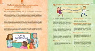 4.2 ¿Quiénes? El Comité Institucional de Emergencias CIE
La elaboración del plan es un proceso en el
que participa la comunidad educativa. La im-
plementación del plan requiere de un comité
especial, que se llama, Comité Institucional de
Emergencias (CIE). Este comité será el respon-
sable de que el plan se aplique y funcione.
Sus funciones básicas son: establecer, dirigir,
ejecutar y evaluar la organización y el desarrollo
del plan, y responsabilizarse de todas las situa-
ciones de emergencia o desastre que se pre-
senten en el centro educativo
¿Quiénes conforman este comité? Autoridades,
profesores y estudiantes. Será numeroso si la
institución es numerosa; será pequeño si la insti-
tución no cuenta con muchas personas. Lo con-
formarán siempre:
Presidente: No puede faltar el líder de la co-
munidad educativa: el director/a o rector/a. Él
o ella será quien presida este comité, será su
cabeza principal.
Coordinador general: Puede ser el inspec-
tor o un profesor designado por el presidente
quien dirija la ejecución del plan.
Brigadas o grupos de trabajo perma-
nentes: Formadas por maestros y maestras,
administrativos y estudiantes. Serán los y las
responsables de las diferentes áreas y acti-
vidades que se planifiquen. Brigada Contra
incendios, Búsqueda, rescate y evacuación,
Primeros auxilios, Orden y seguridad.
Grupos de apoyo: Son otras personas que
están dentro o fuera de la institución, que
pueden ayudar en situaciones específicas. Los
grupos de apoyo son: Policía, Bomberos, Cruz
Roja y Defensa Civil.
Podrán participar en este comité, los alumnos a
partir del tercer grado de educación básica.Los
profesores, las profesoras, los y las estudiantes
que participen en el comité, lo harán de mane-
ra voluntaria y responsable. Es muy importante
que estén dispuestos a trabajar en equipo.
El plan institucional de emergencias
del centro educativo
4.1 ¿Qué vamos a hacer?
Ahora que entendimos lo que es gestión de riesgos, que evaluamos el riesgo de nuestro centro
educativo y que elaboramos nuestro mapa de riesgos, debemos actuar. ¿Actuar quiénes y cómo?, se
preguntarán. Para enfrentar emergencias y desastres, contamos con el mejor recurso que existe, el
recurso humano: nosotros. Sin duda, somos los seres humanos los que al actuar con responsabilidad
y positivamente frente a nuestro medio ambiente y frente a las otras personas, podemos garantizar
una mejor vida para todos.
Pero,¿quépodemoshacernosotros:maestrosymaestras,alumnosyalumnas,personaladministrativo,
padres y madres de familia de este centro educativo? Hay muchas cosas que podemos hacer para
prepararnos y responder ante emergencias, como por ejemplo, capacitarnos y organizarnos. Para que
nuestra reacción sea inmediata y oportuna, hay que considerar nuestros propios recursos, debemos
construir nuestro propio Plan de Emergencias, que será el Plan Institucional de Emergencias de
nuestro centro educativo.
Elaborar este plan nos va a permitir actuar de manera planificada y organizada, saber quiénes y qué
debemos hacer en caso de que se presente una emergencia o desastre y responder adecuadamente
para salvar nuestras vidas
440 41
 