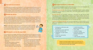 4.6 Recursos humanos y materiales
Es muy importante que tengamos claro con qué recursos contamos a la hora de enfrentarnos a una
emergencia o desastre. Veamos a continuación algunos de ellos.
Recursos humanos internos: Los conforman los y las estudiantes, maestros, maestras y personal
administrativo con que contamos en nuestro centro y que pueden prestar asistencia en caso de
emergencia o desastres.
Recursos externos: Son las personas, instituciones y capacidades que están fuera de nuestro
centro pero que pueden brindar su ayuda en situaciones de emergencia o desastre. Tenemos a los
organismos de respuesta, a miembros de la comunidad, médicos, enfermeras, promotores de salud,
personal de comedores comunitarios, etc. Es importante conocer la dirección y número de teléfono
de esas personas o el de los representantes. (Ver punto 9 de este instructivo)
Inventario de recursos materiales: Son los recursos disponibles en el centro educativo, que los
debemostenerregistradosenunalistaenlaqueseindiquesutipo,cantidad,ubicaciónydisponibilidad.
Por ejemplo:
También es importante detallar el estado en el que está cada uno
de estos recursos. Por ejemplo, si están cargados los extintores, o
si las medicinas del botiquín están vigentes.
•	 2 botiquines: enfermería y sala
de profesores
•	 10 extintores: uno en cada aula,
rectorado, secretaría, bar
•	 2 depósitos con agua: baños
y cisterna
•	 6 vehículos: automóviles
•	 2 palas: jardín
•	 1 ruta de evacuación:
(puerta) cancha de fútbol
•	 1 pico: jardín
•	 1 escalera: bodega
•	 4 linternas: rectorado, bar,
secretaría, laboratorio
•	 3 cuerdas
•	 1 radio de pilas: secretaría
4.3 Mecanismos de alerta
4.4 Niveles de alerta
4.5 Albergues y zonas de seguridad
Felizmente, a veces las emergencias son causadas por un evento adverso que se puede prever, como por
ejemplo, una inundación. En estos casos, se usan los niveles de alerta. El nivel de alerta es, entonces, un
mecanismo que se utiliza para iniciar las acciones de preparación para la respuesta antes de que ocurra
un evento probable y cercano. Así podremos evitar que el evento nos sorprenda y tomar las debidas
precauciones, para disminuir los daños y pérdidas, tanto humanas como materiales, que este cause.
A veces es posible prever cuándo va a ocurrir un evento adverso, como por ejemplo una inundación. En
esos casos, las autoridades advierten del peligro anunciando diferentes niveles de alerta. Cada nivel de
alerta tiene un significado preciso y tanto los organismos de respuesta como las personas debemos iniciar
diferentes acciones de preparación antes de que ocurra un evento probable y cercano. La declaración
de la alerta nos permite evitar que el evento nos sorprenda sin precauciones, y nos ayuda a disminuir los
daños y pérdidas, tanto humanas como materiales.
Alarma es la señal que se usa para avisar a una comunidad sobre la presencia inminente
o real de un evento adverso. Puede ser una sirena, una campana, una señal luminosa o de
otro tipo que se haya establecido previamente para advertir de un peligro o emergencia. En
una zona donde hay más de un gran peligro puede haber más de una señal de alarma.
Como se menciona en las brigadas, cada vez que se dé la orden de evacuar las instalaciones del centro
educativo, debemos dirigirnos todos a un sitio seguro. Este lugar o lugares donde permaneceremos
por un tiempo corto o prolongado, dependiendo de la gravedad de la situación, se denominan zona
de seguridad, y deberá cumplir con las siguientes características:
•	 Debe ser una zona muy segura, previamente
identificada.
•	 Que disponga de amplitud, ventilación,
iluminación y sanidad adecuadas.
•	 Que tenga acceso amplio y sin tránsito de
vehículos. Además, sin riesgo de ningún tipo.
•	 Que tenga sitios especiales para discapacitados.
•	 De antemano, todos debemos conocer el
sitio a ocupar en caso de una evacuación.
•	 Distancia: dependerá del tipo de amenaza.
Por ejemplo, puede ser en una zona alta o en
una zona libre de construcciones.
46 47
 
