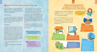 Instrucciones básicas
a seguir en distintos tipos
de emergencias o desastres
En los casos más comunes de emergencias
o desastres, es muy importante que todos
sepamos cómo reaccionar y cómo compor-
tarnos, de manera inmediata.
Es natural que sintamos temor o miedo,
pero si aprendemos bien qué hacer y qué
no, estaremos en capacidad de proteger o,
incluso, salvar nuestras vidas y las de quie-
nes están cerca.
5
¿Qué debemos hacer
en caso de emergencias
o desastres?
En caso de inundación
dirígete a lugares altos
identificados previamente
como sitios seguros.
En caso de sismo busca o un
pupitre o mesa muy sólida y
ubícate debajo o a lado del
mismo.
En caso de incendio busca
una salida alternativa a la
puerta, como una ventana.
En caso de erupción
volcánica cuidemos nuestros
ojos, piel y vias respiratorias.
Contemos con una mascarilla
y gafas.
En caso de tsunami
debemos alejarnos de la
costa y subir a un sitio alto,
como una loma. Si en el
lugar donde vives no hay
lugares altos busca un
bosque frondoso o los pisos
altos de un edificio
4.7 Validación del Plan Institucional de Emergencias
Una vez que tengamos construido nuestro plan,
deberemos probar si funciona, tenemos que
evaluarlo. Para esto, tenemos varias herramien-
tas. Veamos las siguientes:
Simulación
Es un ejercicio parcial, que sirve también para
representar algunas actividades puntuales que
debemos realizar durante una emergencia. Se la
realiza en un aula simulando mover recursos hu-
manos y materiales.
Simulacro
El simulacro es otro recurso que podemos utilizar
para validar el plan de seguridad y estar mejor
preparados ante una situación de emergencia,
pero también sirve para evaluar si estamos bien
organizados. Como su nombre lo indica, consiste
en representar de manera simulada todos los pa-
sos y actividades que deben realizarse en el mo-
mento de enfrentar un evento adverso. Así, por
ejemplo, en un simulacro de incendio, si estamos
dentro del aula deberíamos hacer lo siguiente (ver
instrucciones básicas más adelante):
•	 tocar la puerta para comprobar que no esté
caliente,
•	 buscar una salida alterna, salir despacio y en
orden,
•	 avanzar de rodillas o arrastrándonos por las
vías de escape previamente señaladas, y,
•	 llegar hasta el lugar establecido como segu-
ro dentro o fuera del centro educativo.
Si practicamos con cierta regularidad diferentes
simulacros en nuestro centro educativo, sobre
todo el de evacuación, habremos aprendido
e, incluso, mecanizado ciertos pasos y compor-
tamientos que van a facilitar el enfrentar ade-
cuadamente situaciones reales de emergencia o
desastre.
Se sugiere que la evaluación del Plan Institucio-
nal de Emergencias del centro educativo se lle-
ve a cabo dos veces al año, considerando los
siguientes puntos:
Si se cumplieron los objetivos
del plan de seguridad.
a.
Si el CIE está organizado y
funciona adecuadamente.
b.
Identificar las fallas o
vacíos del plan que
se evidenciaron en las
simulaciones y simulacros.
c.
48 49
 
