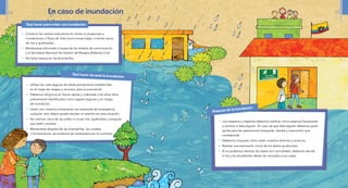 Después de la inundación
•	 Los maestros y maestras debemos verificar cómo estamos físicamente
y verificar si falta alguien. En caso de que falta alguien debemos pedir
ayuda para las operaciones búsqueda, rescate y evacuación que
corresponda
•	 Debemos chequear cómo están nuestros alumnos y alumnas.
•	 Realizar una estimación inicial de los daños producidos.
•	 Si no podemos retomar las clases con normalidad, debemos decidir
si los y las estudiantes deben ser enviados a sus casas.
En caso de inundación
Qué hacer durante la inundación
•	 Utilizar las rutas seguras de salida previamente establecidas
en el mapa de riesgos y recursos, para la evacuación.
•	 Debemos dirigirnos en forma rápida y ordenada a los sitios altos
previamente identificados como lugares seguros y sin riesgo
de inundación.
•	 Llevar con nosotros únicamente los materiales de emergencia,
cualquier otro objeto puede resultar un estorbo en esta situación.
•	 No caminar cerca de las orillas ni cruzar ríos, quebradas o acequias
que estén crecidos.
•	 Mantenerse alejados de las alcantarillas, las cunetas
o los barrancos, así evitamos ser arrastrados por la corriente.
•	 Construir los centros educativos en zonas no propensas a
inundaciones o flujos de lodo (como zonas bajas, o lechos secos
de ríos y quebradas)...
•	 Mantenerse informado a través de los medios de comunicación
y la Secretaria Nacional de Gestión de Riesgos (Defensa Civil).
•	 No botar basura en las alcantarillas.
Qué hacer para evitar una inundación
54 55
 
