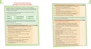 Para tener una visión global sobre las vulnerabilidades es necesario evaluar el edificio
escolar aplicando la siguiente planilla:
Factores para el diagnóstico de vulnerabilidad en el aula SI NO
9.- El cielo raso por el material con que está hecho o por su diseño,
podría presentar algún desprendimiento.
10.- Hay cables de instalación eléctrica sueltos o presentan
algún peligro .
11.- La cantidad de alumnos es la adecuada, de acuerdo con las
especificaciones técnicas del diseño del aula.
12.- La disposición de los pupitres, nos permite un desplazamiento
rápido de los alumnos del aula hacia fuera y hacia adentro.
13.- Hay pupitres ubicados muy cerca de las ventanas.
Factores de diagnóstico de vulnerabilidad en el edificio SI NO
1.- Tiene entubada la instalación eléctrica.
2.- En los corredores, pasillos o escaleras hay muebles, macetas
u otros Objetos en desorden o mal ubicados, que pueden
obstaculizar la Movilización rápida hacia las zonas de seguridad.
3.- Hay escaleras cuyo diseño de peldaños dificultan la movilización
segura y rápida.
4.- Las escaleras tienen pasamanos. (o baranda)
5.- Los pisos de corredores, pasillos u otros espacios presentan
hundimiento o grietas.
6.- Las lámparas de alumbrado presentan algún peligro
de desprendimiento.
7.- Hay cables de la instalación eléctrica sueltos o que presentan
algún riesgo.
8.- El techo tiene láminas de zinc sueltas o en peligro de caer.
9.- Hay tendido eléctrico dentro del edificio que represente
algún riesgo.
10.- En la biblioteca están asegurados los estantes y el material
que hay en ellos.
11.- Hay vías de tránsito denso o rápido cerca del edificio que
representen algún riesgo.
12.- En el área de cocina hay tanques de gas u otro combustible,
dentro o fuera e instalaciones eléctricas que representen peligro.
El presente documento sistematizado por la Dirección de la DIPLASEDE del
Ministerio de Educación, en base al Plan para la reducción de la vulnerabilidad ante
desastres, en instituciones educativas, nos permite construir el escenario del riesgo
en cualquier centro educativo.
Partiremos de las amenazas que pueden afectar a la infraestructura educativa,
y a la población que se encuentra en ella.
Señalemos dichas amenazas:
En segundo momento tenemos que identificar los factores de vulnerabilidad en lo
pertinente a la estructura del aula, distribución de los muebles, ventanas, puertas,
instalaciones eléctricas, etc.
Para lo cual utilizaremos la siguiente tabla:
Sismos
Maremotos
Erupción volcánica
Deslizamiento
Inundaciones
Otros
Factores para el diagnostico de vulnerabilidad en el aula SI NO
1.- Existen muebles o estantes de pared sin asegurar o con un débil
apoyo estructural.
2.- Hay objetos pesados sobre los estantes o muebles, cuya altura es
mayor a la de los estudiantes cuando están sentados.
3.- Hay peceras u otros objetos de vidrio o cerámica, que pueden
resultar peligrosos si cayeran al piso.
4.- La puerta es suficientemente amplia y está en buen estado.
5.- La puerta abre hacia adentro.
6.- Las ventanas por su tamaño o diseño, presentan algún peligro
de quebrarse.
7.- Las ventanas tienen cortinas o algún material que proteja
a los estudiantes de la caída de algún vidrio.
 
8.- Las lámparas de alumbrado presentan algún peligro
de desprendimiento.
Construcción del escenario
de riesgo en el sector educativo
100 101
 