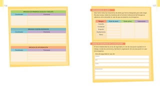 Zona de seguridad en caso de:
ZONAS DE SEGURIDAD EN LA EVACUACIÓN
Inundación:
Sismo:
Incendio:
Ruta de evacuación:
Riesgos Nivel de alerta Quién activa Instrumento
Incendio
Inundación
Erupción
Deslizamiento
Sismo
Mecanismos de alerta
Esta matriz indica los mecanismos de alerta que hemos designado para cada riesgo.
De esta manera, todos los miembros de la Comisión Institucional de Emergencia
sabremos cómo proceder en caso de que se presente una emergencia.
El tener establecidas las zonas de seguridad y la ruta de evacuación ayudará en el
trabajo a todas las comisiones y facilitará la organización de una evacuación en caso
de emergencia.
Brigada de información
Coordinador Funciones
Brigada CONTRA incendios
Coordinador Funciones
Brigada de primeros auxilios y rescate
Coordinador Funciones
106 107
 