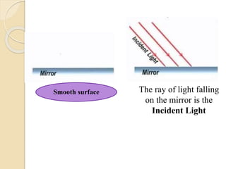 Smooth surface The ray of light falling 
on the mirror is the 
Incident Light 
 