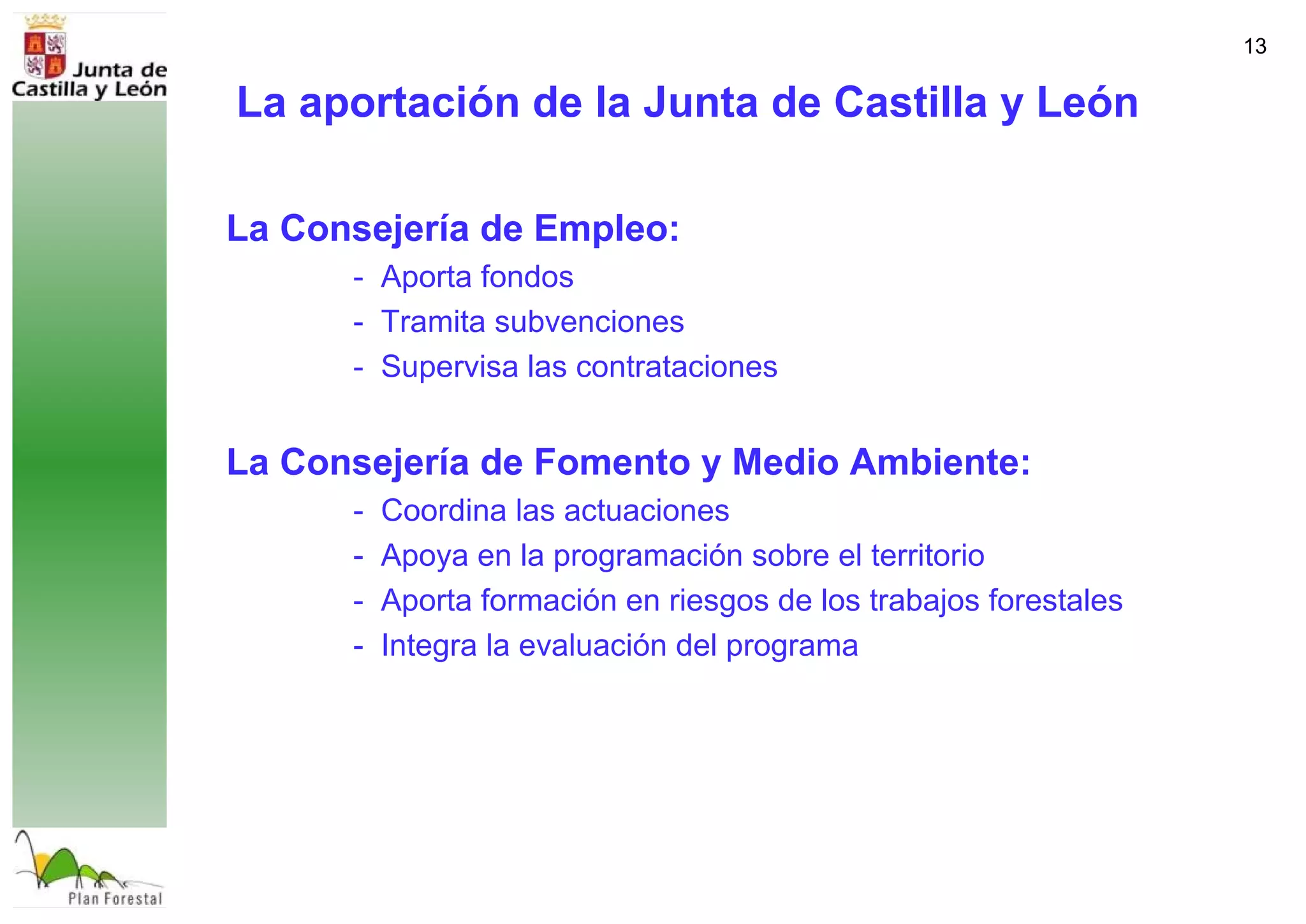 13
La Consejería de Empleo:
- Aporta fondos
- Tramita subvenciones
- Supervisa las contrataciones
La Consejería de Fomento y Medio Ambiente:
- Coordina las actuaciones
- Apoya en la programación sobre el territorio
- Aporta formación en riesgos de los trabajos forestales
- Integra la evaluación del programa
La aportación de la Junta de Castilla y León
 