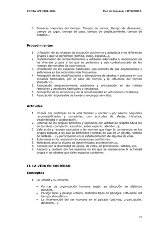 XI MBA UPC 2002-2004                                   Plan de Empresa: LITTLECHILD




   3. Primeras vivencias del tiempo: Tiempo de comer, tiempo de descansar,
      tiempo de jugar, tiempo de casa, tiempo de desplazamiento, tiempo de
      Escuela...


Procedimientos

   1. Utilización de estrategias de actuación autónoma y adaptada a los diferentes
      grupos a que se pertenece (familia, clase, escuela...).
   2. Discriminación de comportamientos y actitudes adecuados o inadecuados en
      los diversos grupos a los que se pertenece y uso contextualizado de las
      normas elementales de convivencia.
   3. Orientación en los espacios habituales, uso correcto de sus dependencias y
      autonomía en los recorridos más frecuentes.
   4. Percepción de las modificaciones y alteraciones de objetos y personas en sus
      espacios habituales, por el paso del tiempo y la influencia del tiempo
      atmosférico.
   5. Realización progresivamente autónoma y anticipación en las rutinas
      familiares y escolares habituales y cotidianas.
   6. Percepción de la secuencia y de la simultaneidad en actividades cotidianas.
   7. Realización responsable de tareas o encargos sencillos.


Actitudes

   1. Interés por participar en la vida familiar y escolar y por asumir pequeñas
      responsabilidades y cumplirlas, con actitudes de afecto, iniciativa,
      disponibilidad y colaboración.
   2. Defensa de los propios derechos y opiniones con actitud de respeto hacia las
      de los otros (compartir, escuchar, saber esperar, atender...).
   3. Valoración y respeto ajustados a las normas que rigen la convivencia en los
      grupos sociales a los que se pertenece (normas de uso de un objeto, normas
      de cortesía...) y participación en el establecimiento de algunas de ellas.
   4. Autonomía en la resolución de situaciones conflictivas.
   5. Tolerancia ante la espera de determinados acontecimientos.
   6. Respeto por la diversidad de sexos, de roles, de profesiones, edades, etc.
   7. Respeto y cuidado por los espacios en los que se desenvuelve la actividad
      propia y los objetos que tales espacios contienen.



II. LA VIDA EN SOCIEDAD

Conceptos

   1. La unidad y su entorno.

      •   Formas de organización humana según su ubicación en distintos
          paisajes.
      •   Paisaje rural y paisaje urbano. Distintos tipos de paisajes. Influencia del
          tiempo atmosférico.
      •   La intervención del ser humano en el paisaje (cultivos, urbanización,
          deterioro...).




                                                                                  75
 